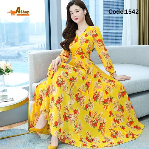 Stylish Muslim Long Gown Maxi-Dresses For Women Yellow Color 1542