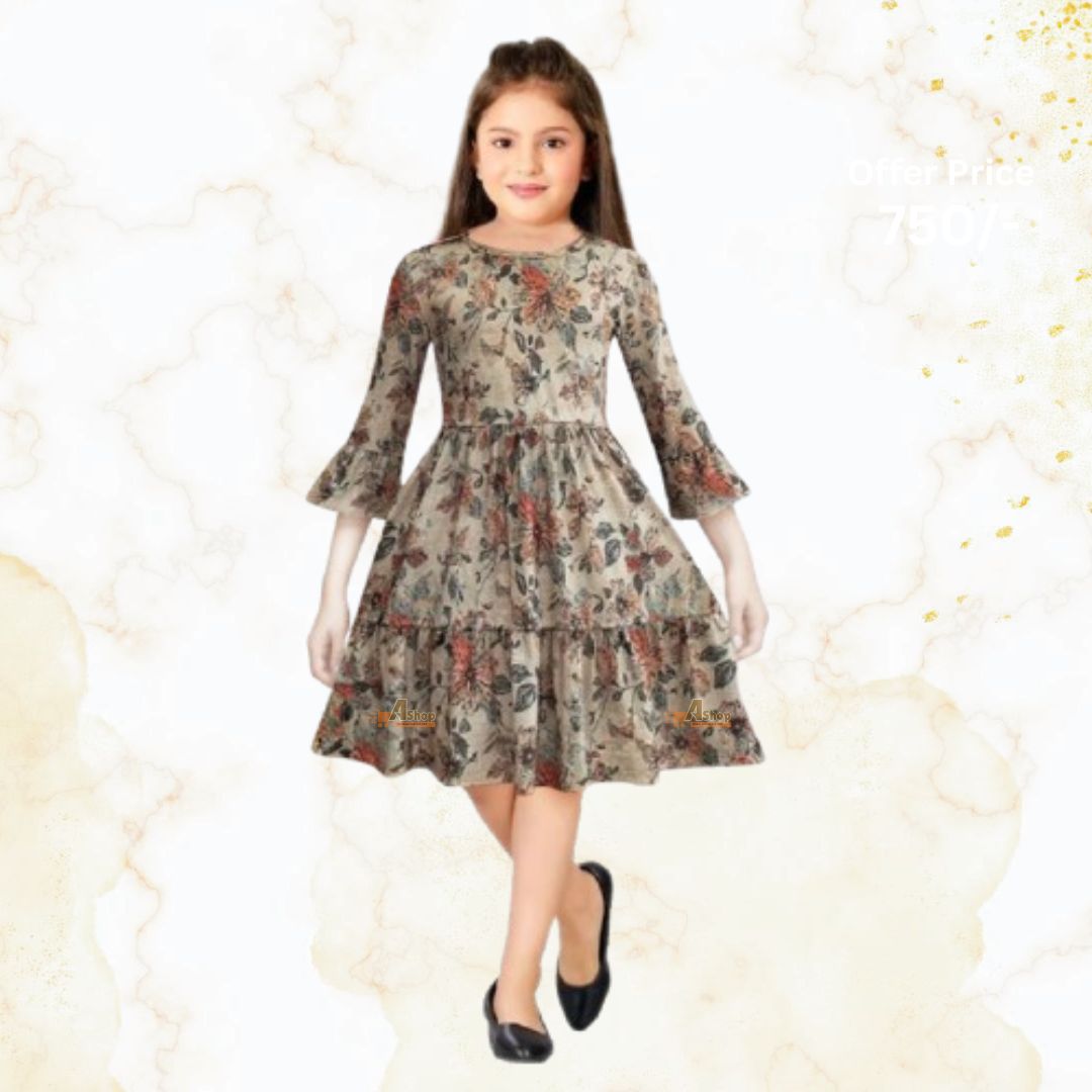 Autumn Bloom – Beige A-Line Floral Dress with Flared Sleeves for Girls 1777
