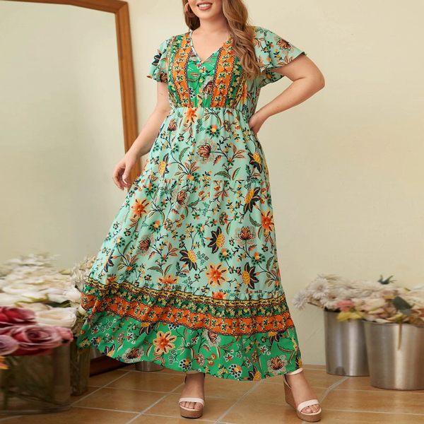 Tropical Blossom --Boho Floral Print V-Neck Maxi Dress for Women 1779