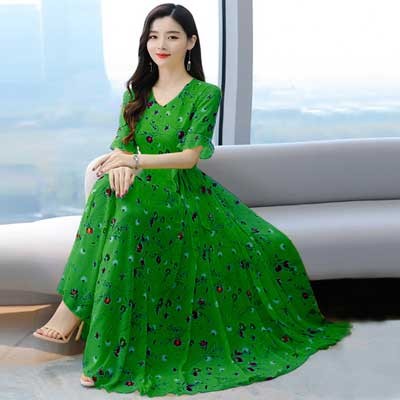 Short Sleeve Long Kurti Green Color 3D Screen Print 20637