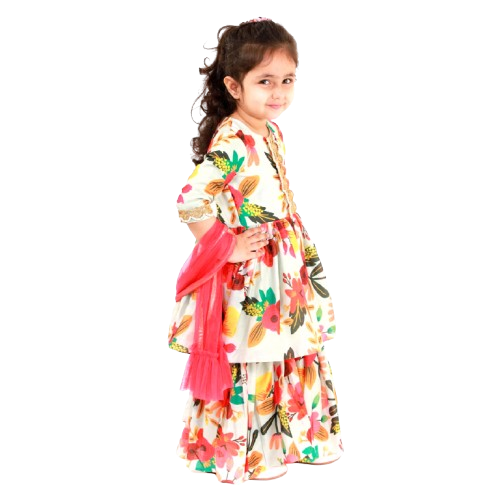 Vibrant Blossom Ensemble: Multicolor Floral Full sleeve tops with Sharara And Matching Dupatta 01908