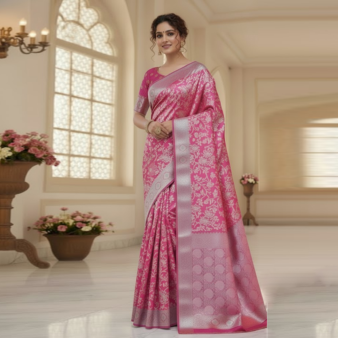 🩷 নরম সিল্কি ফিনিশ কাতান শাড়ি – ব্লাউজসহ সম্পূর্ণ প্যাকেজ Code :- 711